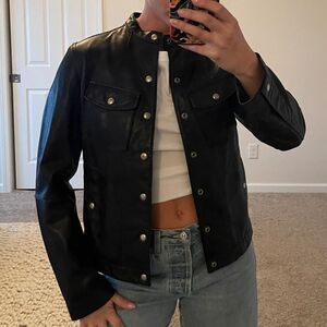 Vintage Lucky Brand Genuine Leather Black Snap Front‎ Moto Jacket